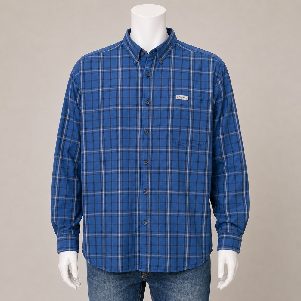 Columbia Mens XL Blue Plaid Long Sleeve Button Down Shirt Stretch Cotton Outdoor
